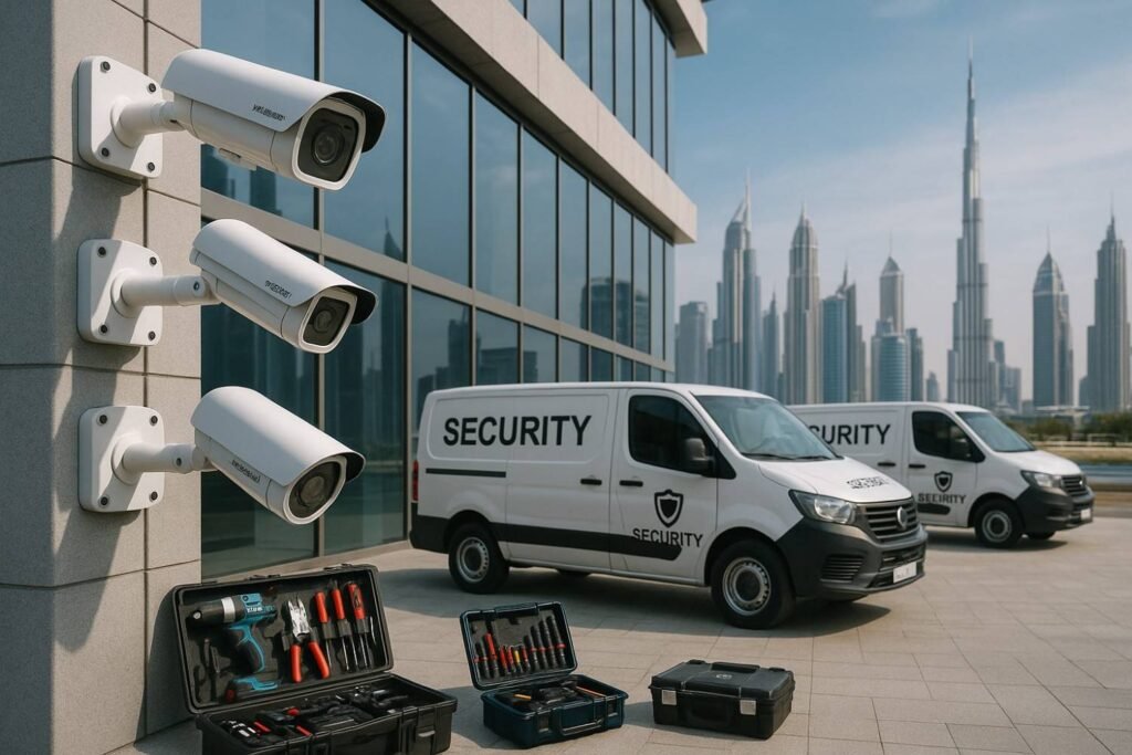 Best CCTV installation companies in Dubai showcasing branded cameras and professional setup.