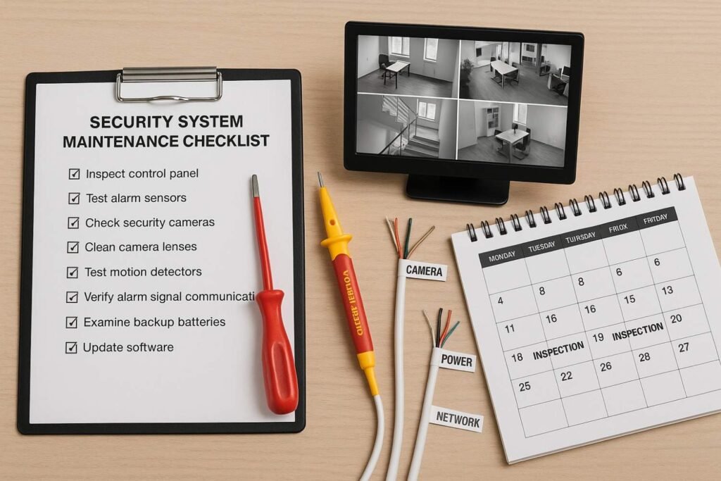 Security system maintenance checklist with tools