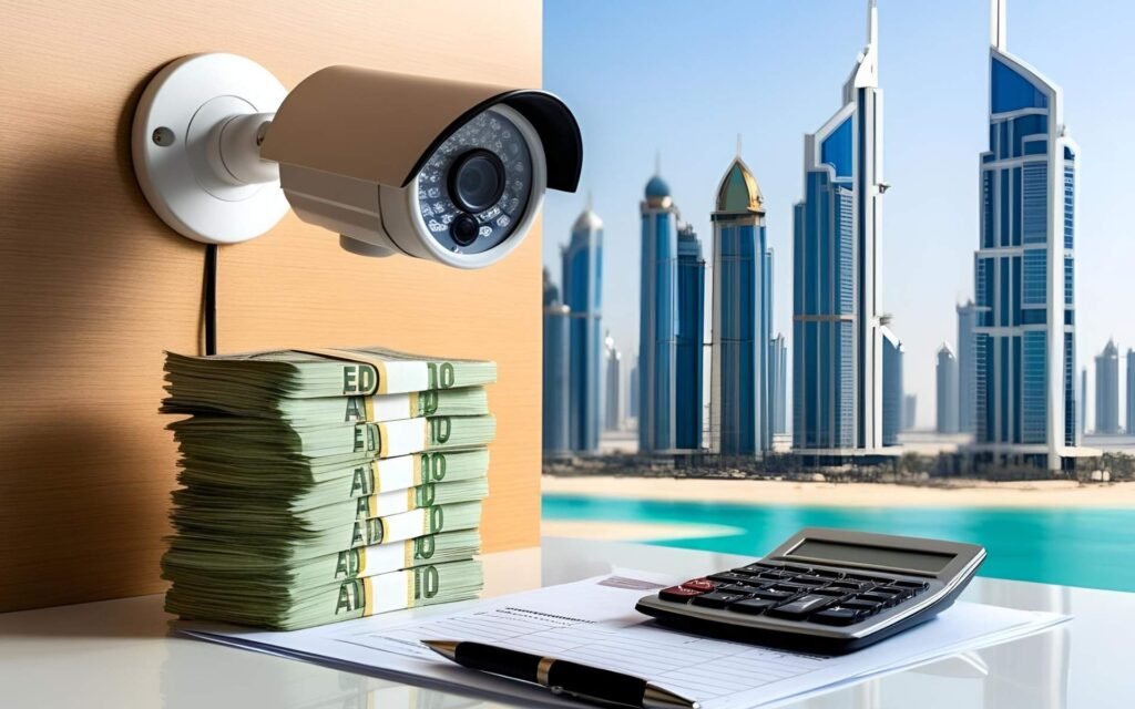 Calculator and documents showing CCTV installation cost estimates in Dubai