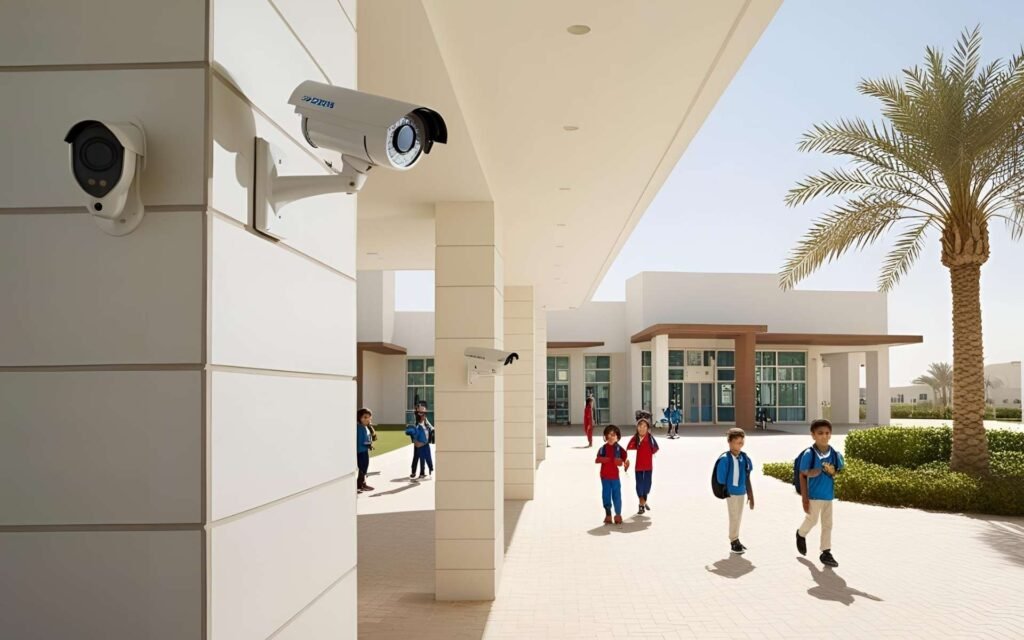 CCTV installation for schools in Dubai showing cameras on a school building for enhanced security and student safety.