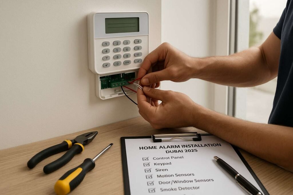 Home alarm system installation checklist with tools and control panel setup