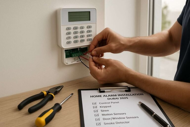Home alarm system installation checklist with tools and control panel setup