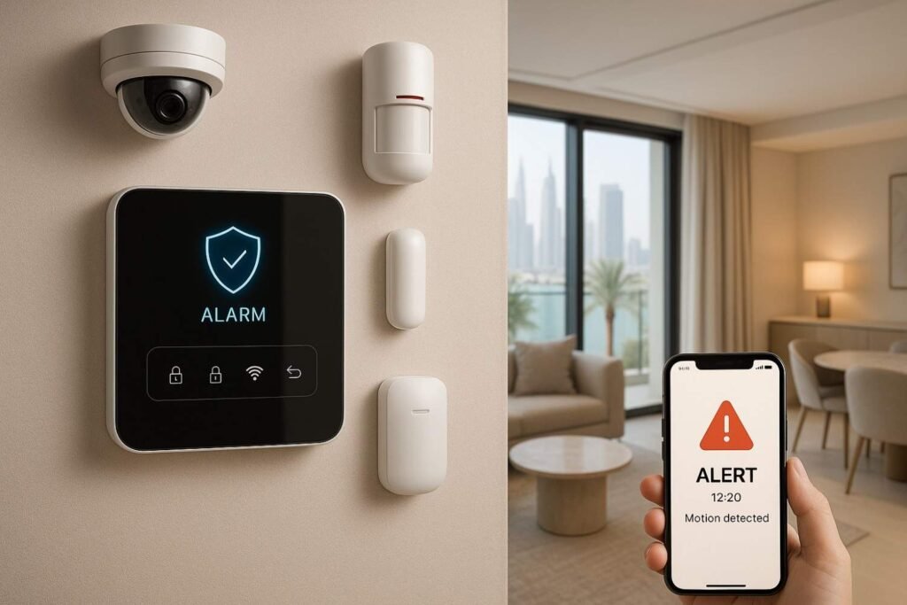 Smart alarm systems in a modern Dubai home with sensors and mobile control