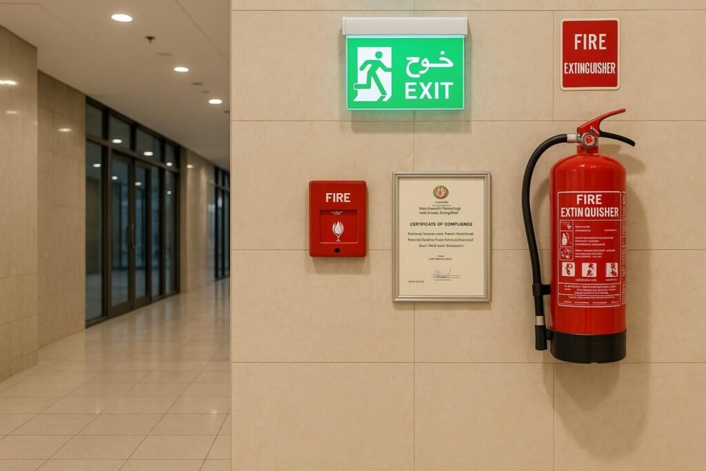 Fire safety regulations in Dubai shown with extinguisher, alarm system, and emergency signage in a modern building.
