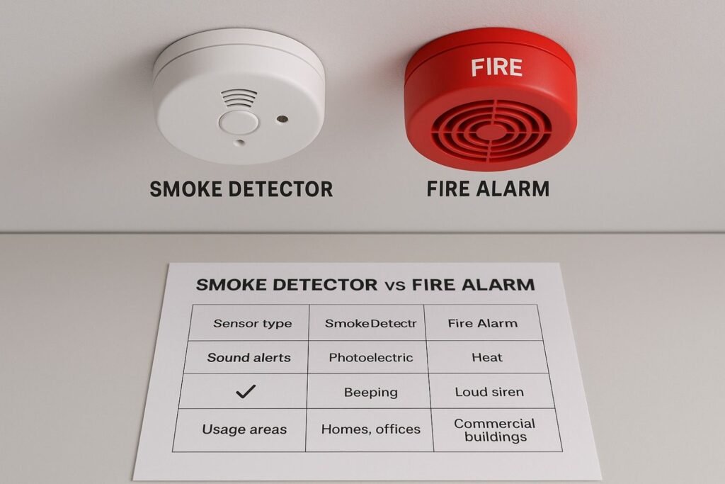 Smoke detector and fire alarm side-by-side showing key differences in function and design.