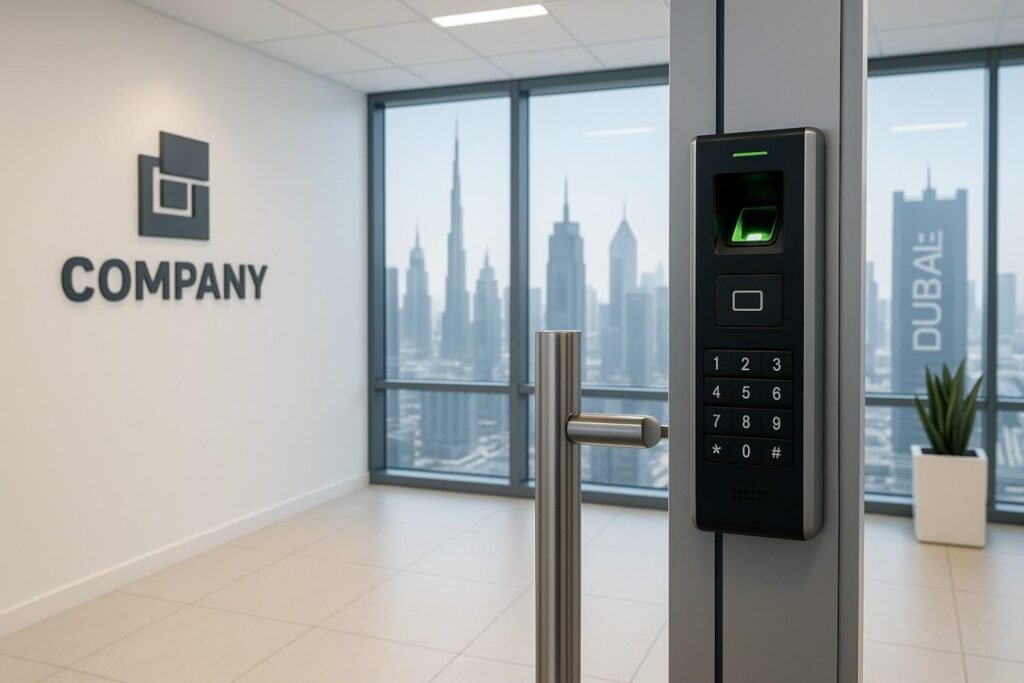 Modern office in Dubai with advanced access control system including biometric, RFID, and keypad features.